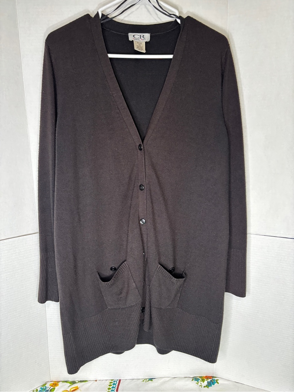 Carroll Reed Plus Size 2X Long V-Neck Button Cardigan Sweater Dark Brown FLAWS